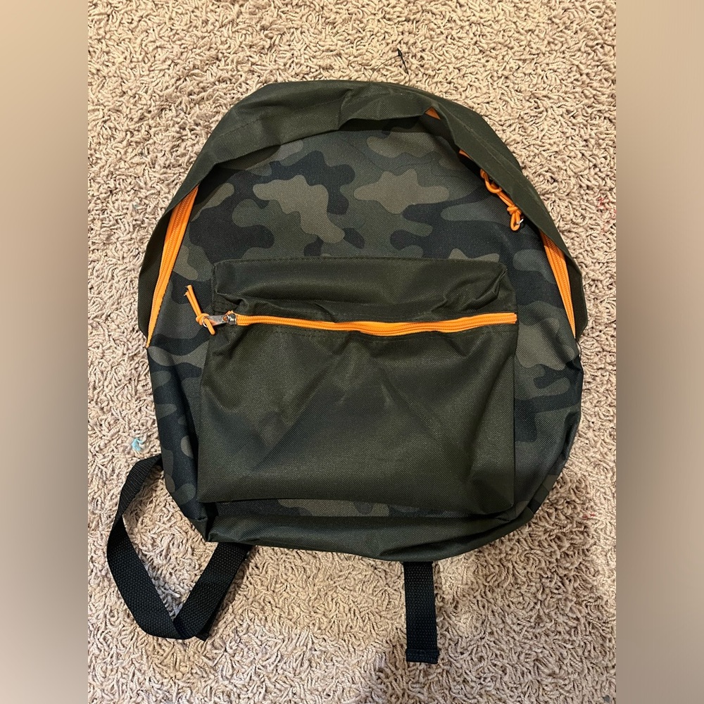 Camouflage Backpack with Orange Accents